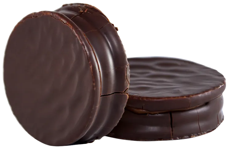 Diagrama de las capas del alfajor: tapa de cacao arriba, dulce de leche al medio, tapa abajo y el baño envolviendo el conjunto
